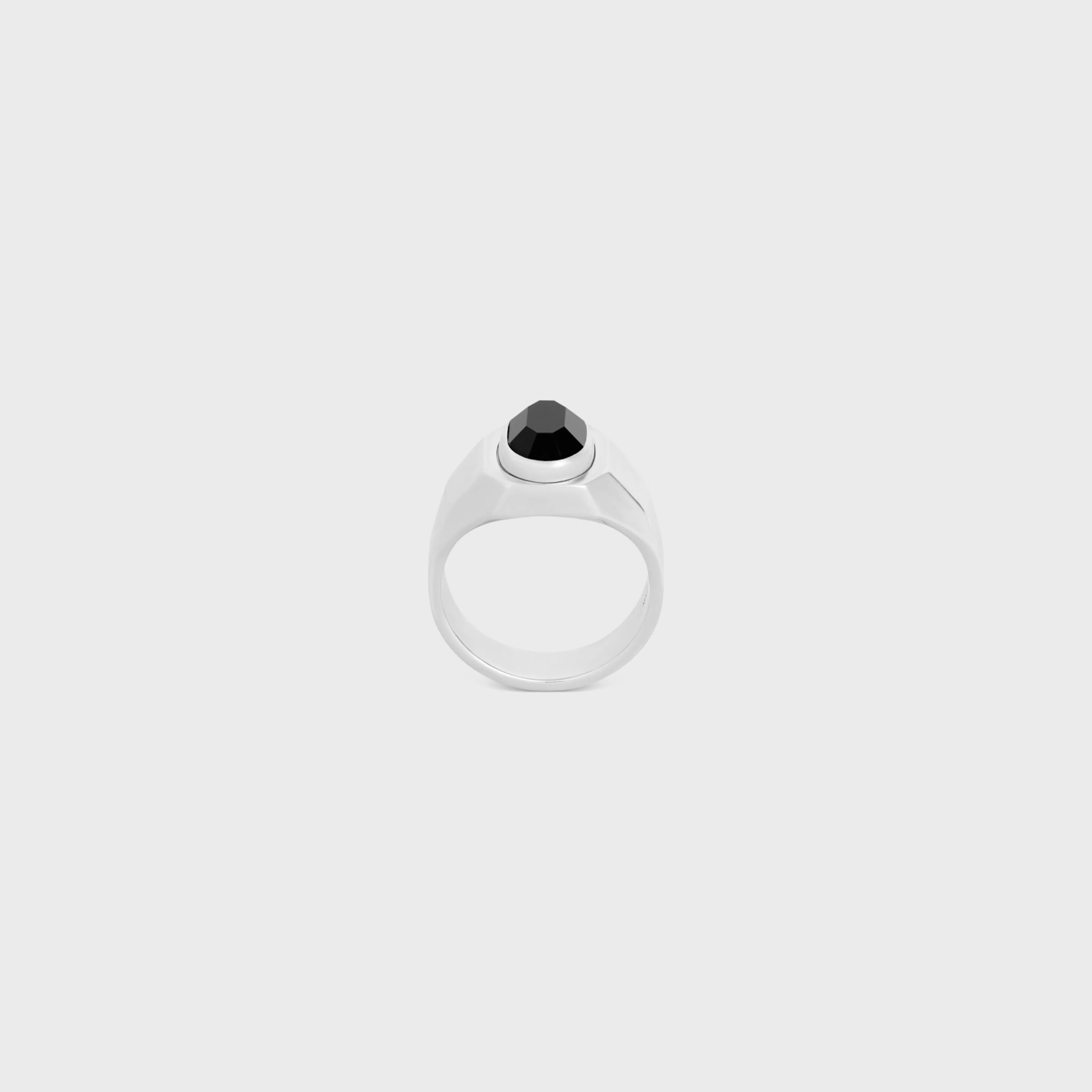 Bevelled Signet Ring in Onyx and Sterling Silver with Rhodium finish^CELINE Clearance