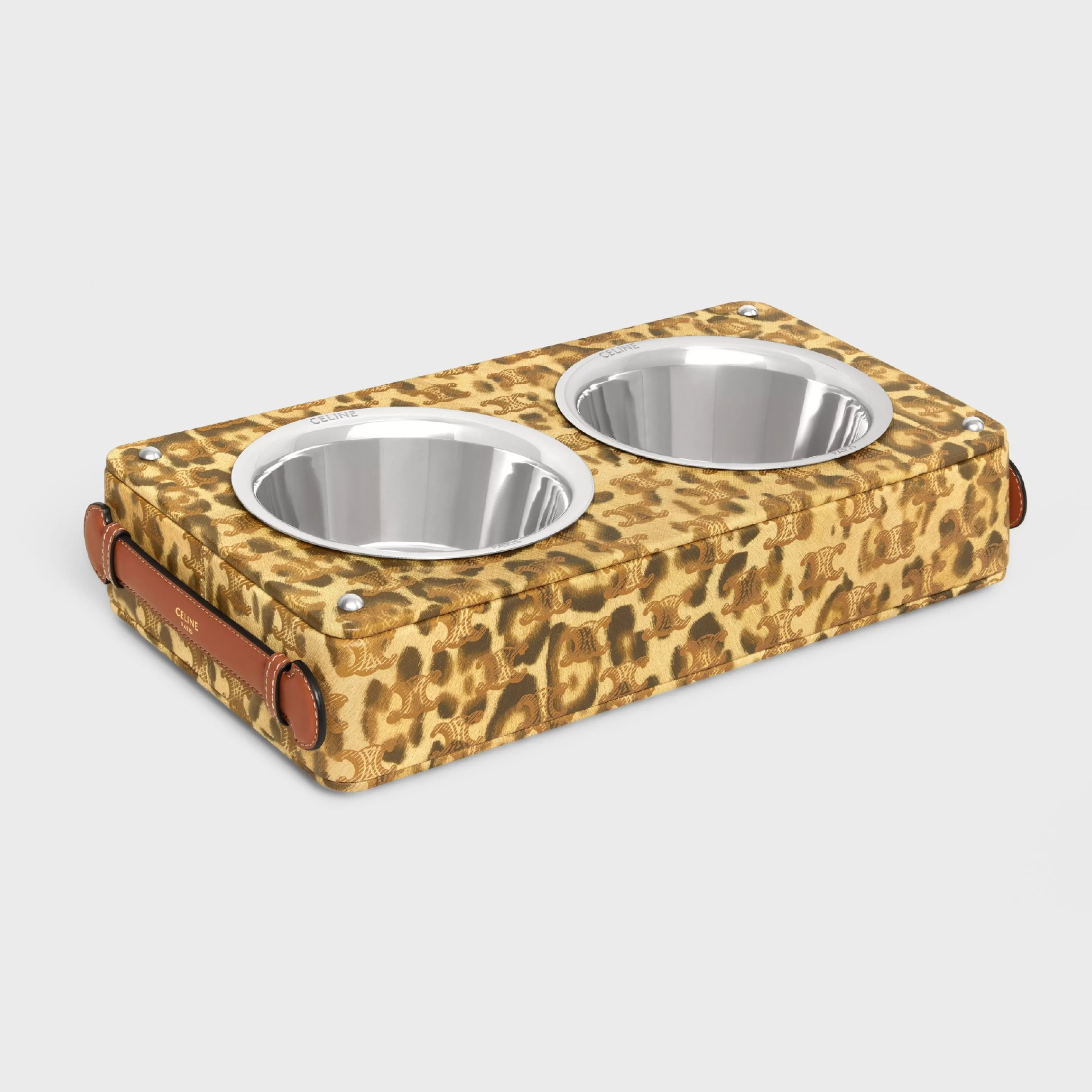 Dog bowl in lambskin with Triomphe canvas with print^CELINE Store