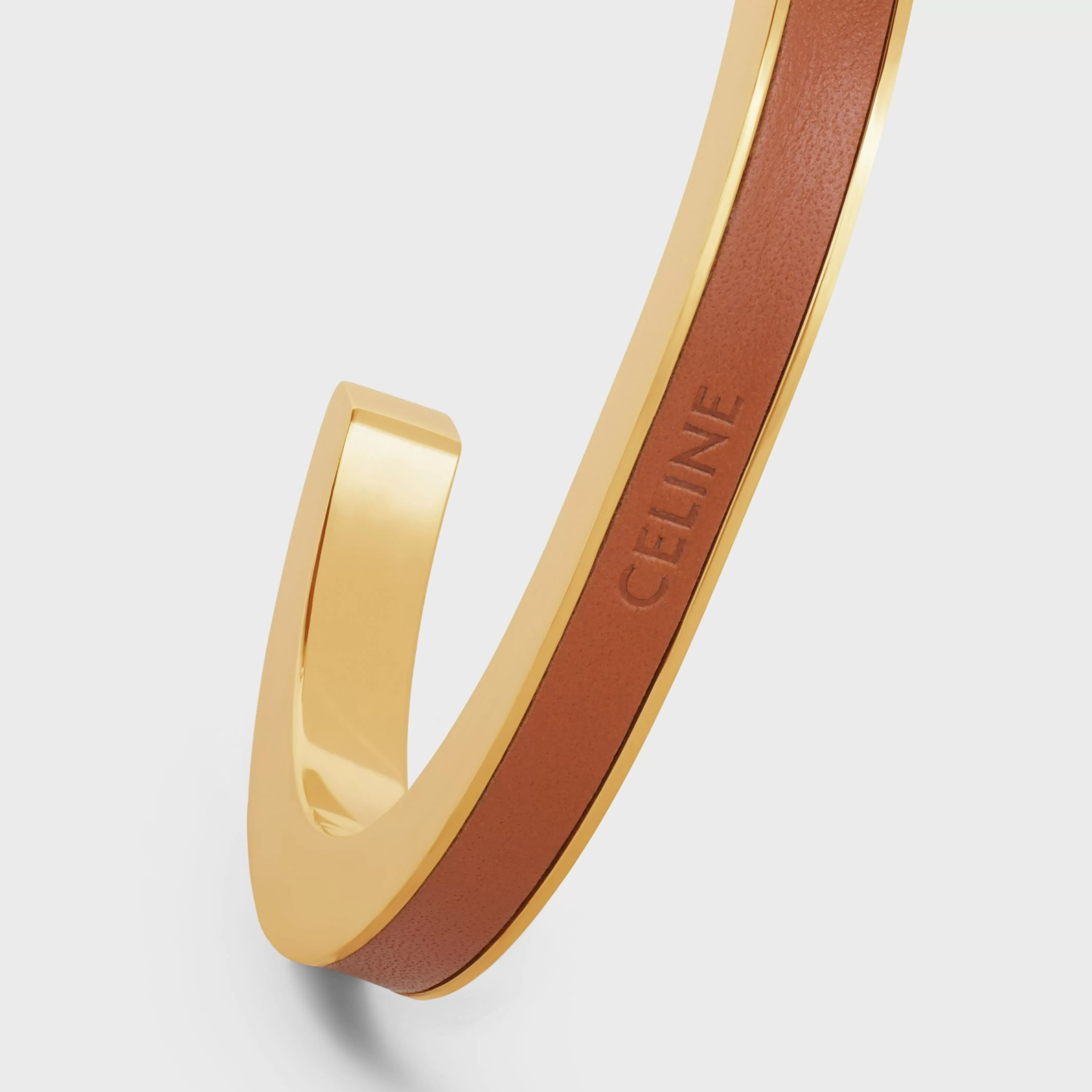 Formes Simples Leather Cuff in Brass with Gold Finish and Calfskin^CELINE New