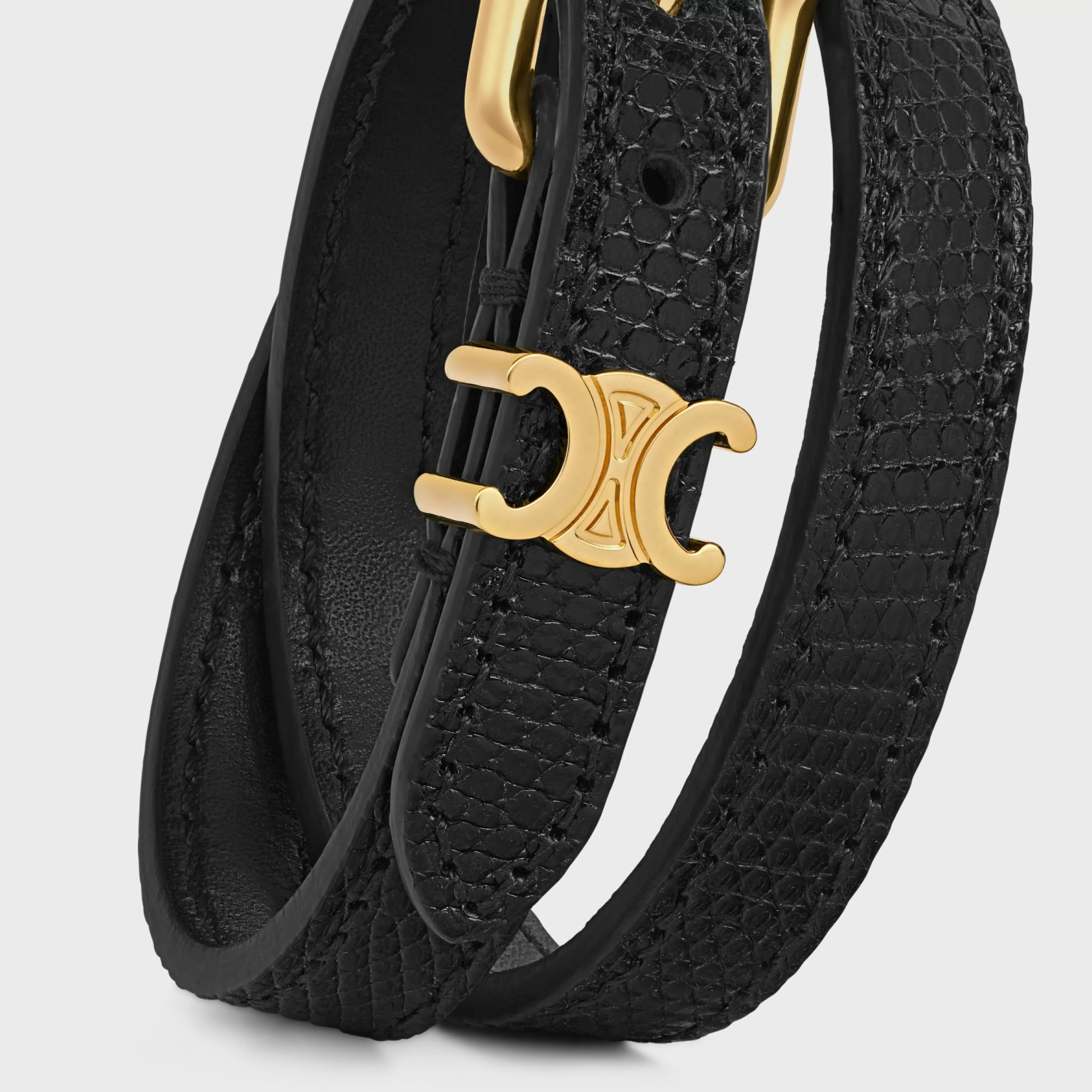 Les Cuirs Double Bracelet in Lizard, Calfskin and Brass with Gold Finish^CELINE Cheap