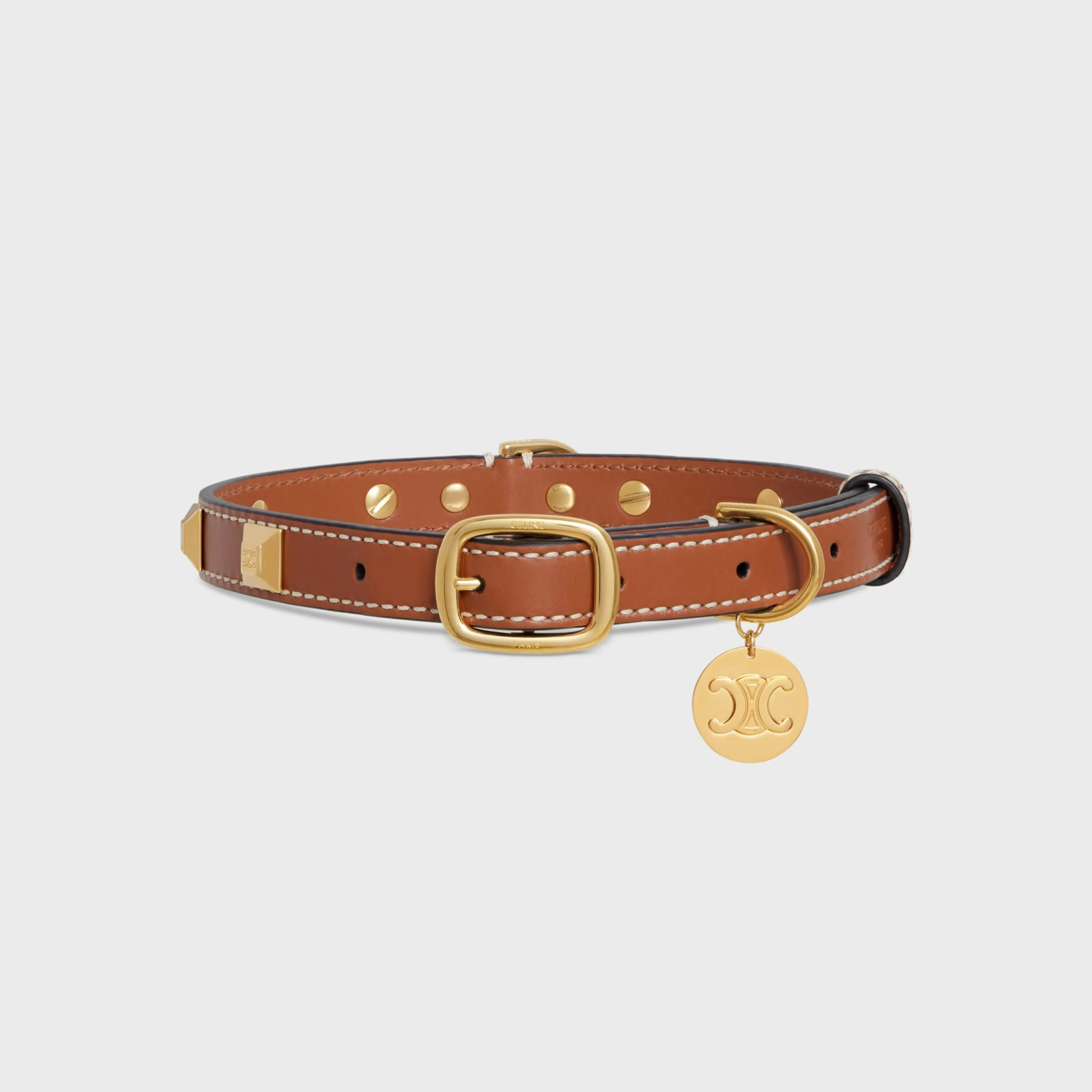 MEDIUM THIN DOG COLLAR IN SMOOTH CALFSKIN WITH PYRAMID STUDS^CELINE Store