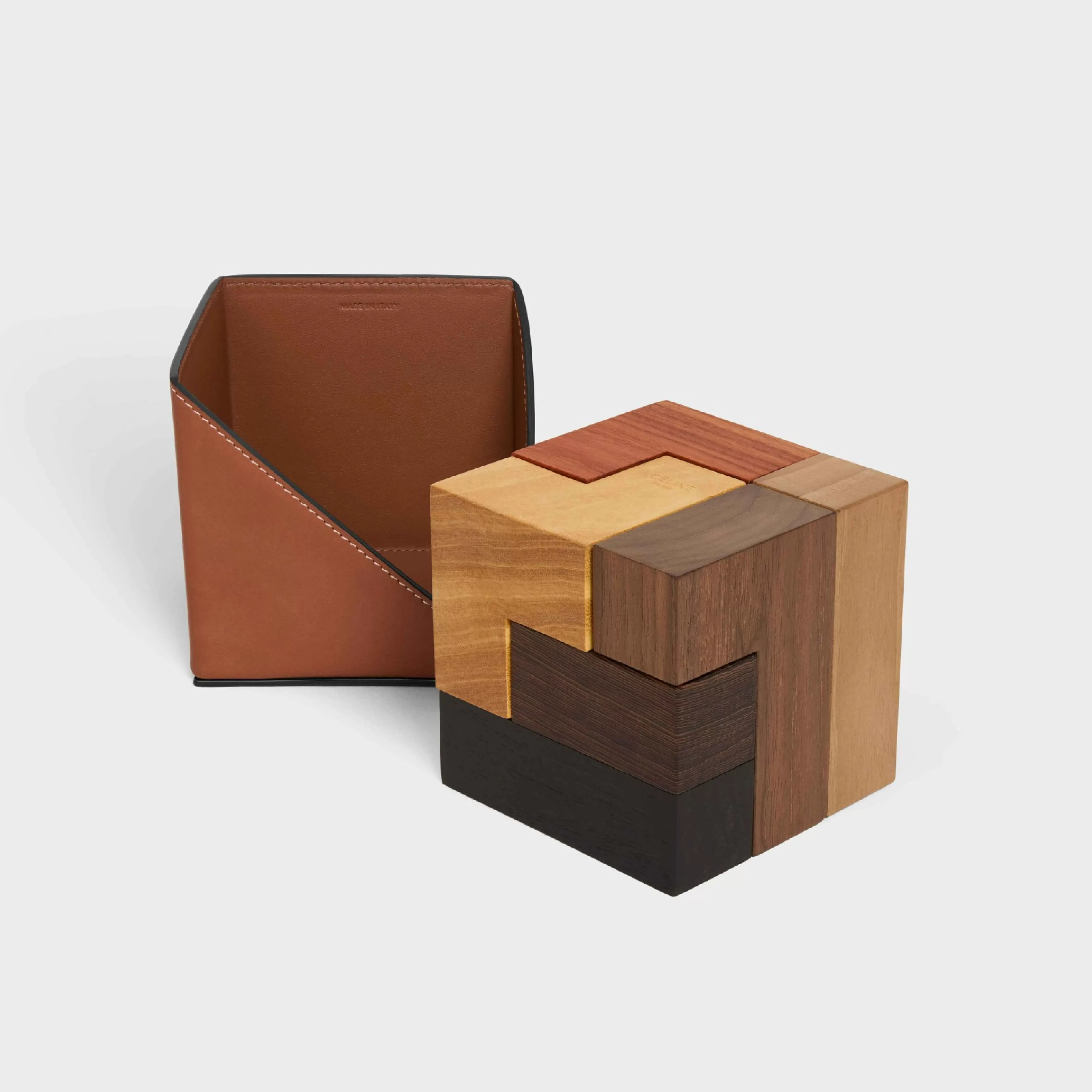 Puzzle cube in wood and natural calfskin case^CELINE Shop