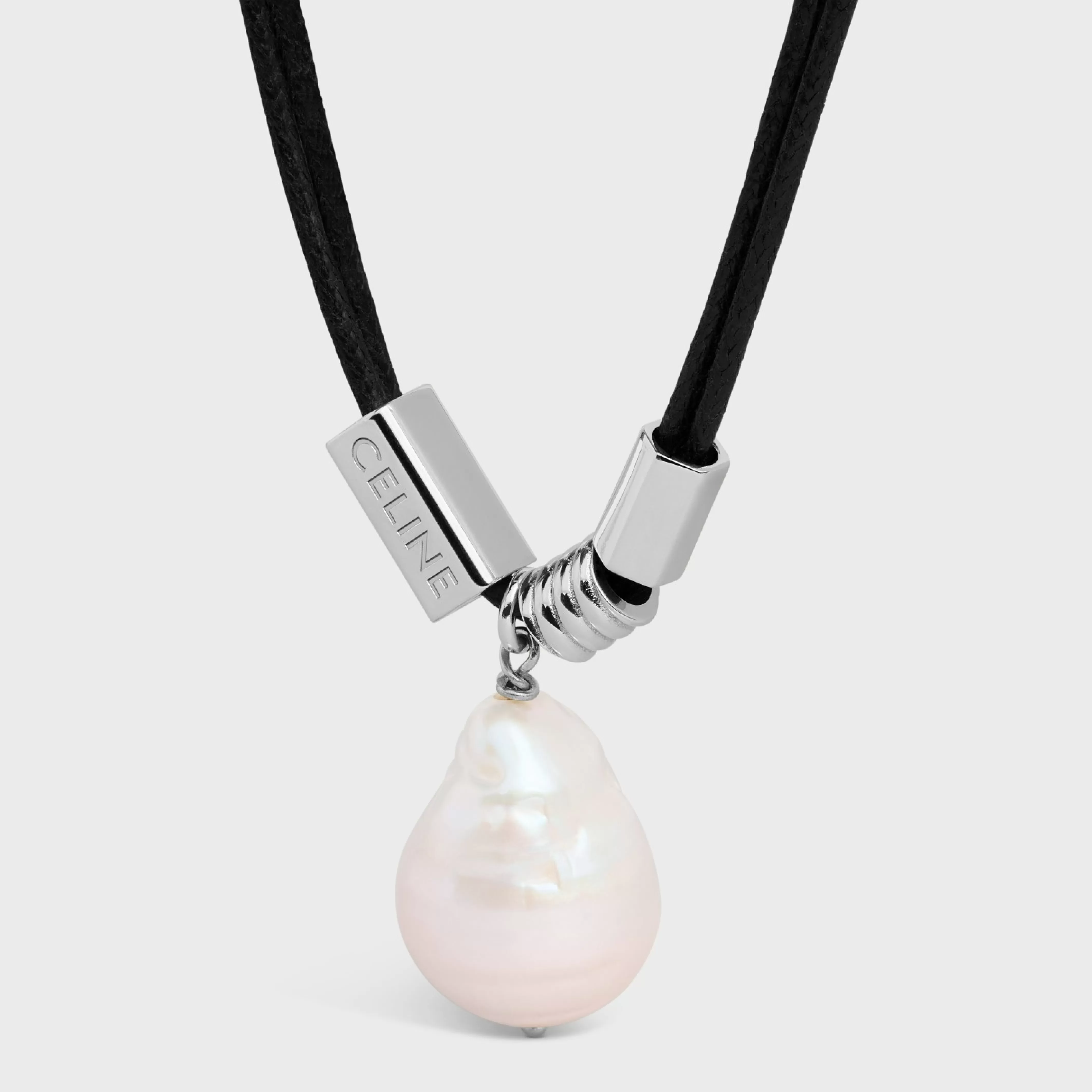 San Onofre Baroque Pearl Necklace in Cultured Pearl, Cotton and Brass with Rhodium Finish^CELINE Fashion
