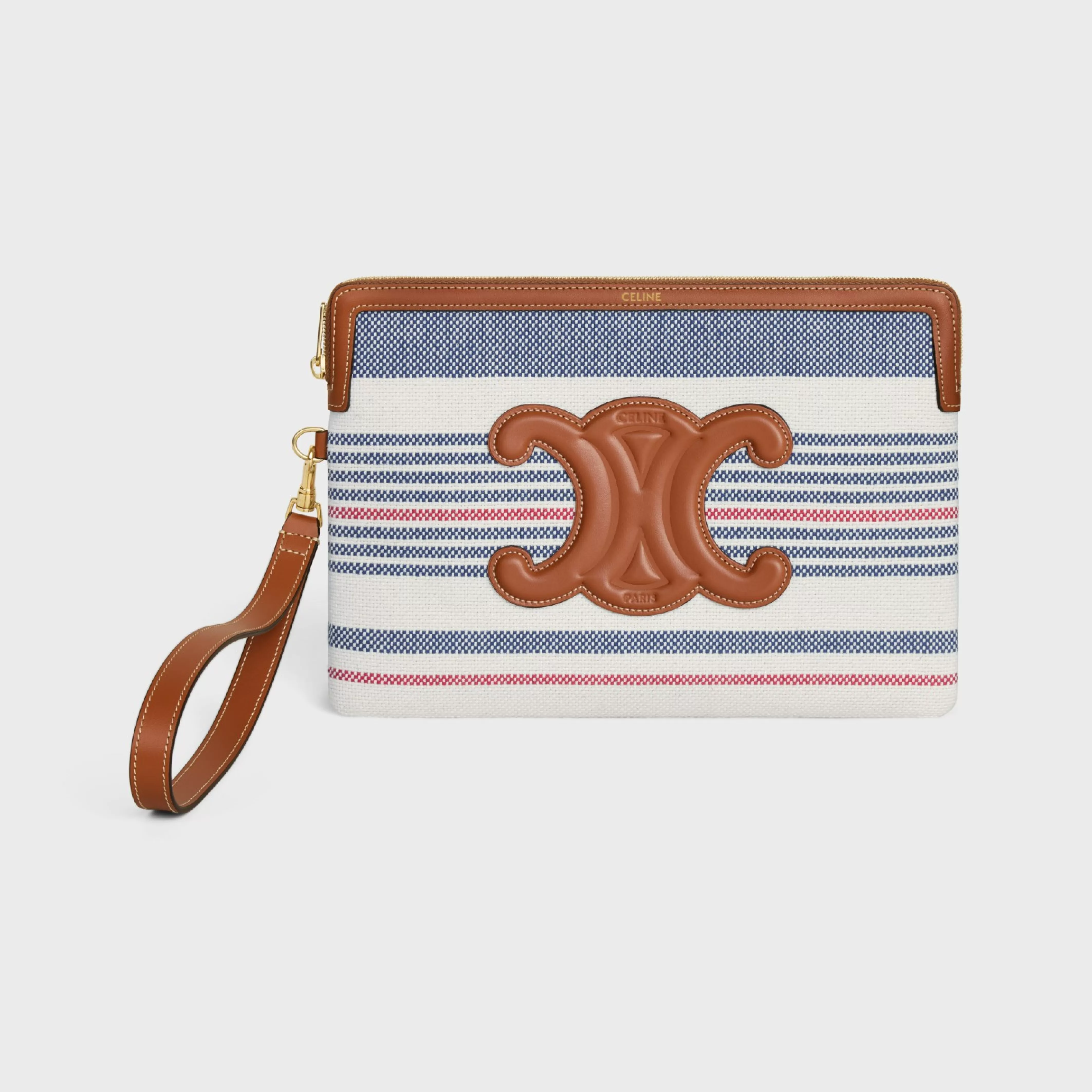 SMALL POUCH WITH STRAP in STRIPED TEXTILE AND CALFSKIN^CELINE Store