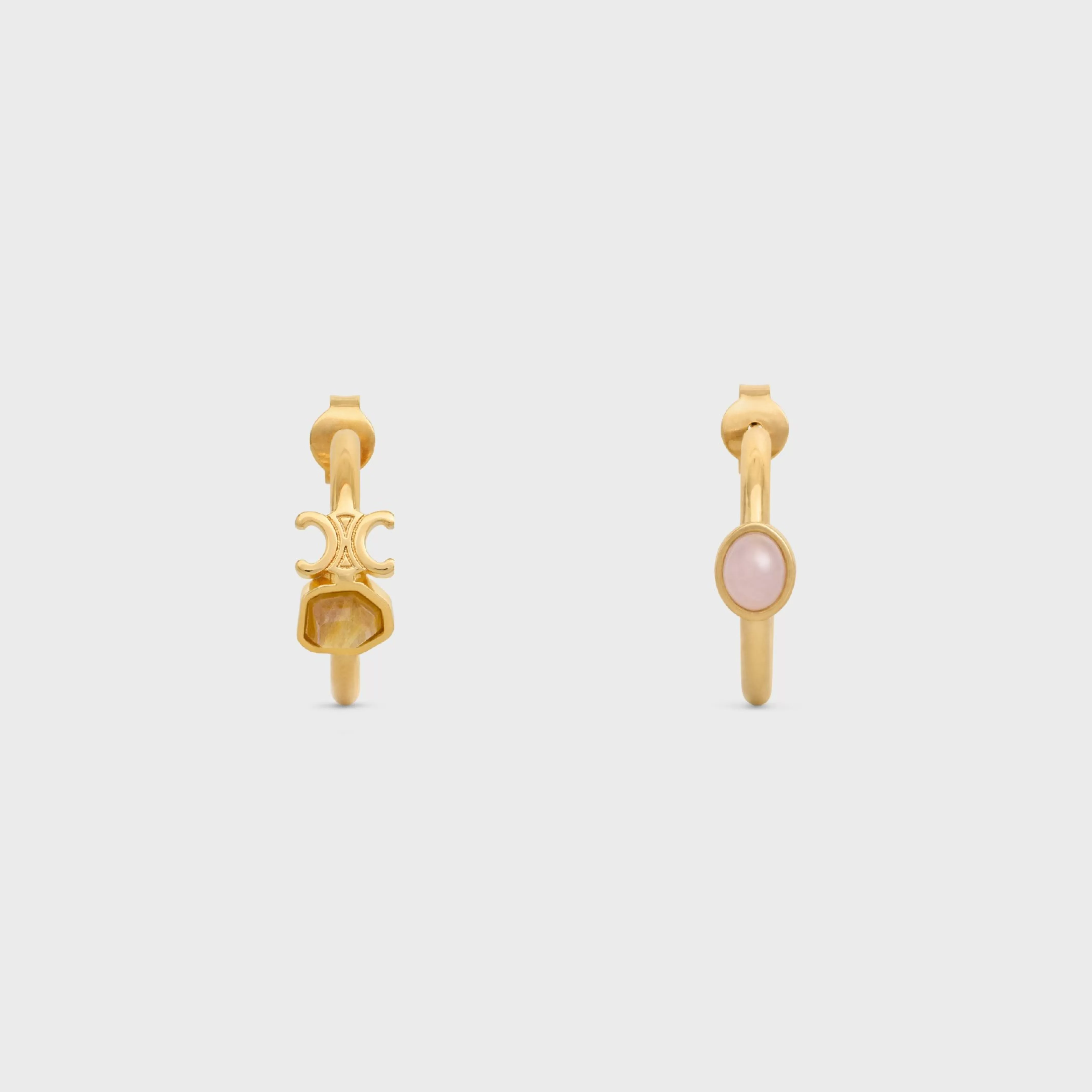 Triomphe Indie Hoops in Brass with Gold Finish, Rutilated Quartz and Pink Quartz^CELINE Online