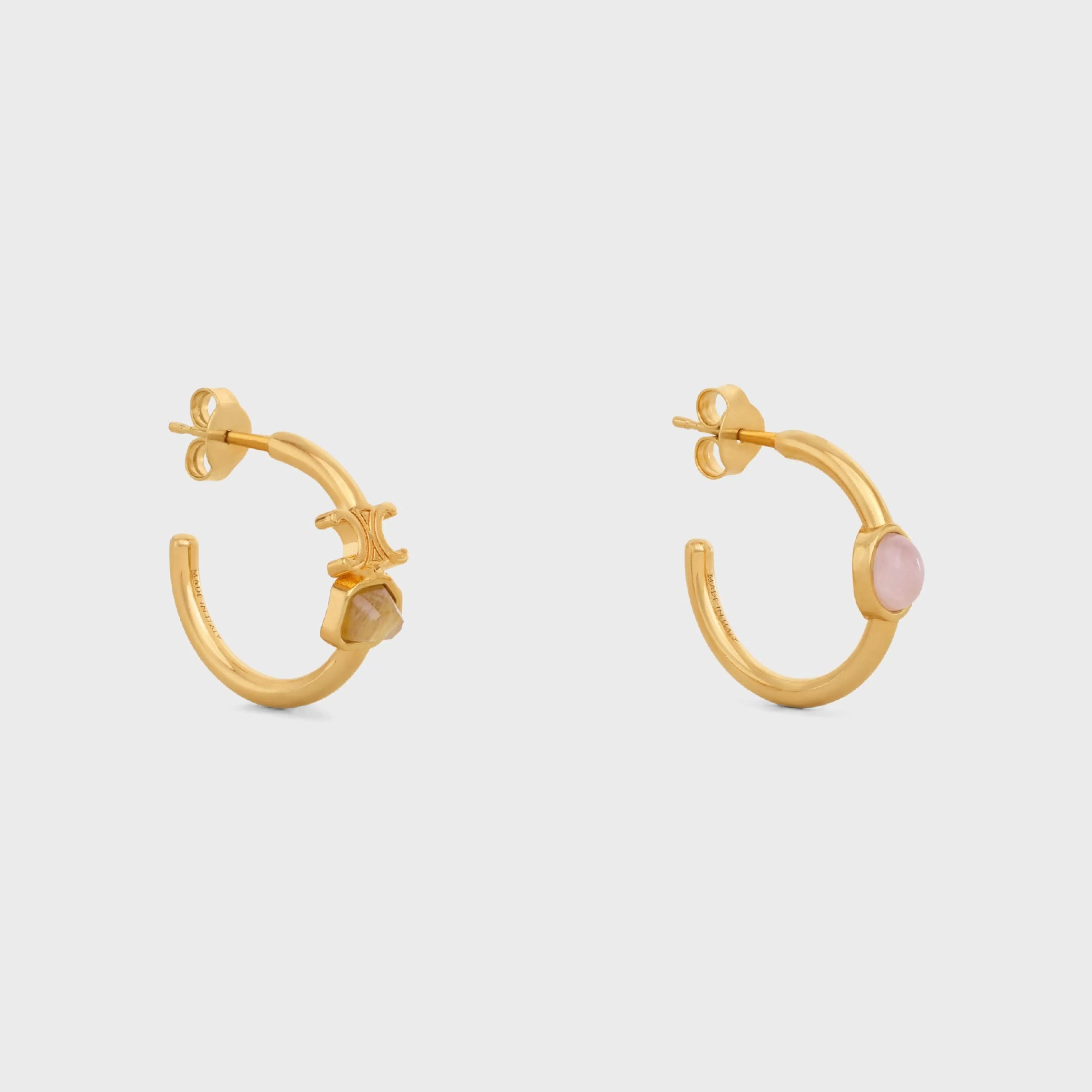 Triomphe Indie Hoops in Brass with Gold Finish, Rutilated Quartz and Pink Quartz^CELINE Online