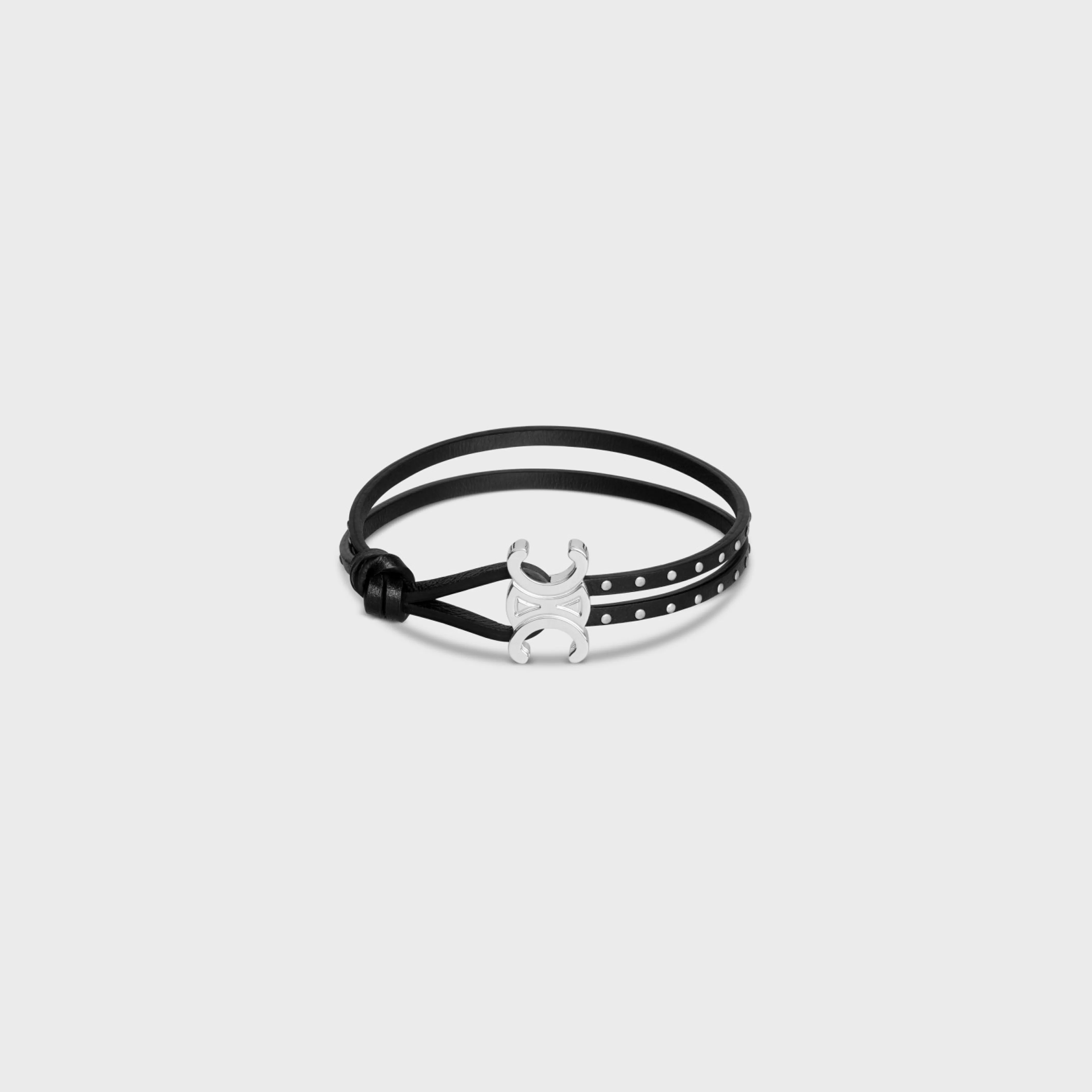 Triomphe Stud Clasp Bracelet in Brass with Rhodium Finish and Calfskin^CELINE Discount